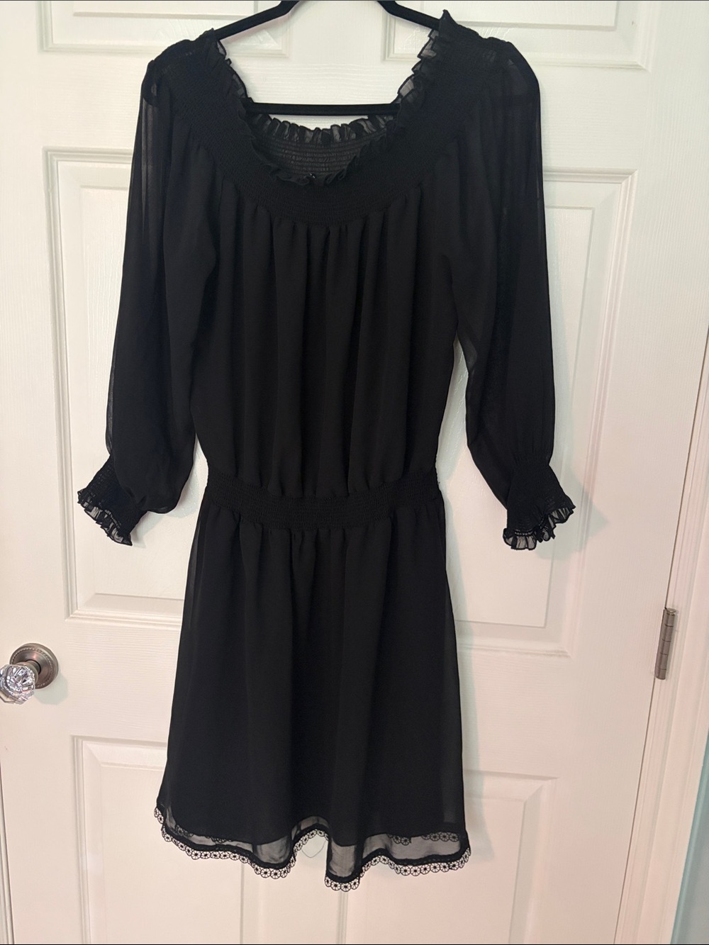 English Factory Black Long Sleeve Ruffle Neck Dress